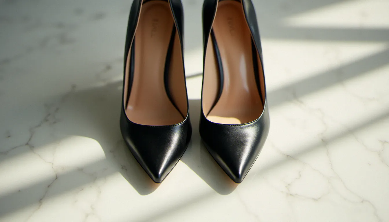 Paire d'escarpins noirs à talon aiguille posée sur marbre blanc, détail cuir et bout pointu — guide pour bien choisir ses escarpins à talon