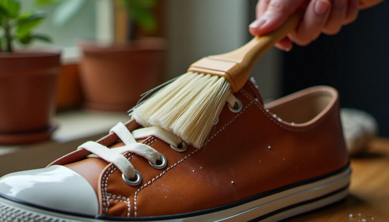 Brosse à poils doux appliquée sur l'upper en cuir d'une sneaker beige lors du nettoyage à la mousse savonneuse