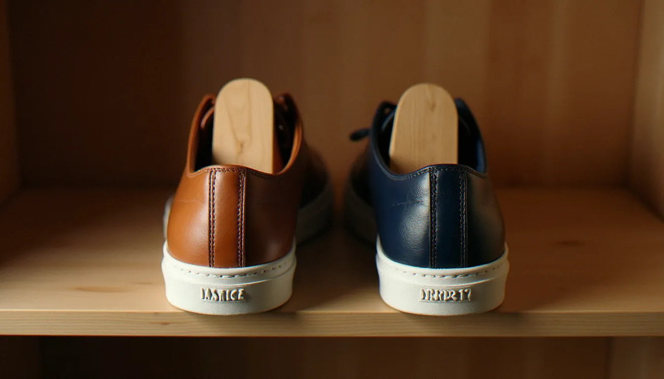 Deux sneakers en cuir rangées sur étagère en bois avec embauchoirs en cèdre pour un stockage optimal