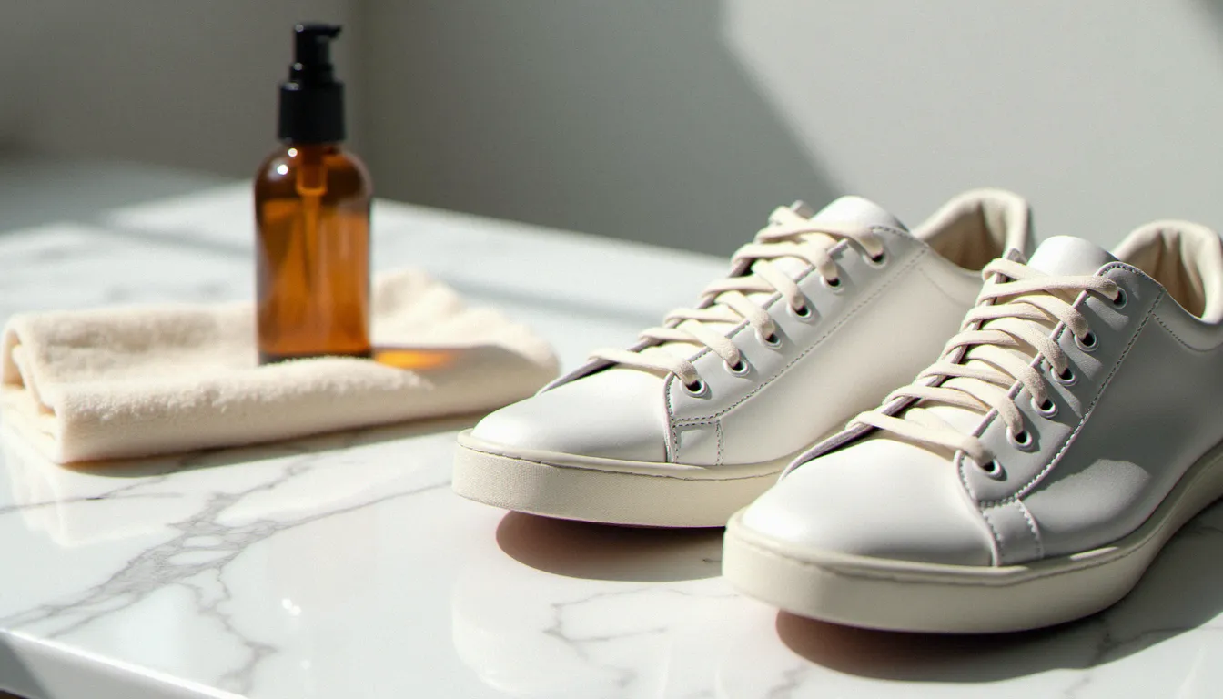 Paire de sneakers en cuir blanc posée sur marbre avec produits d'entretien du cuir — comment entretenir ses sneakers en cuir au quotidien