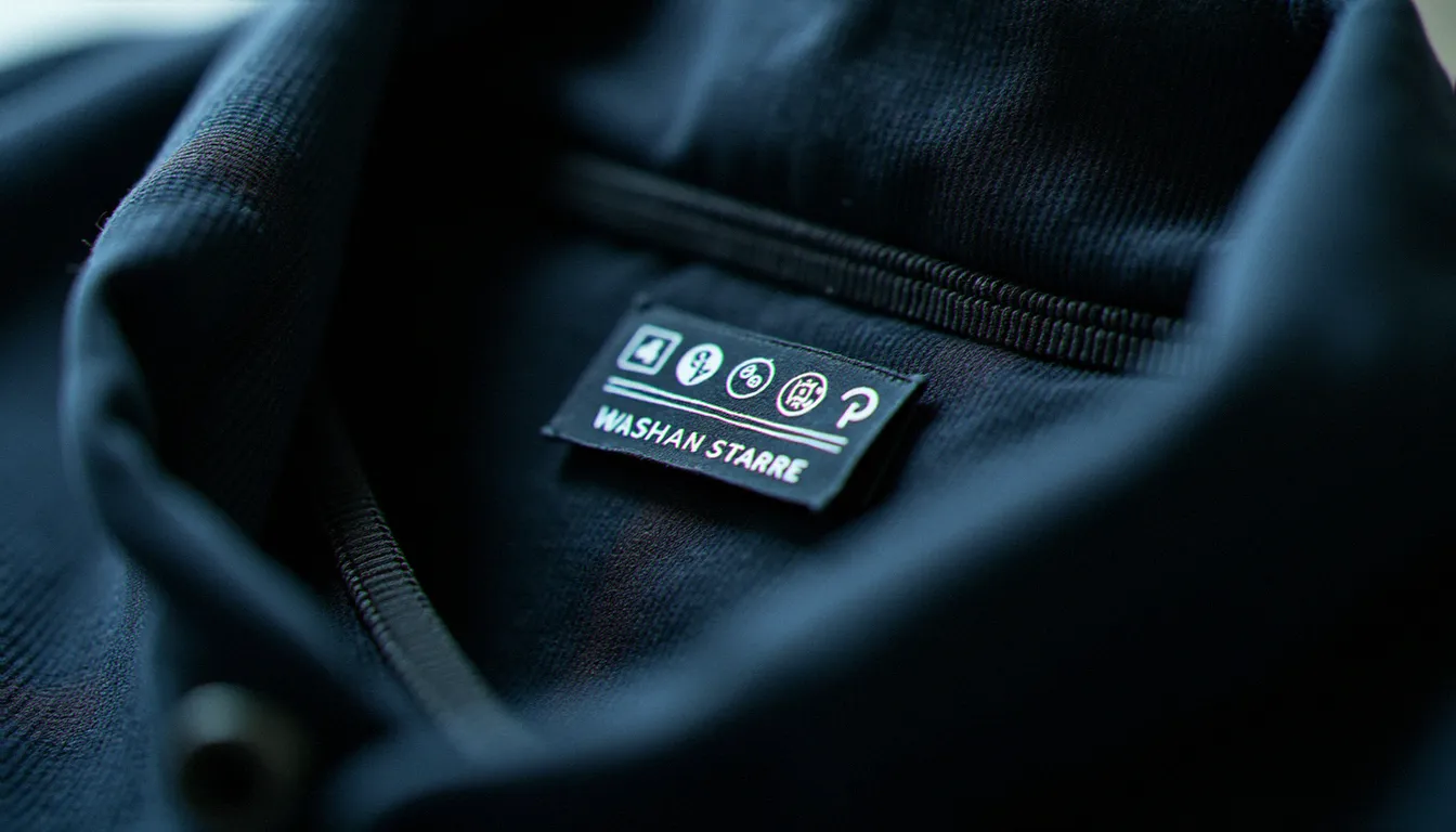 Étiquette d'entretien d'un survêtement technique avec les symboles de lavage et de température, guide de lecture pour entretenir ses vêtements sportswear
