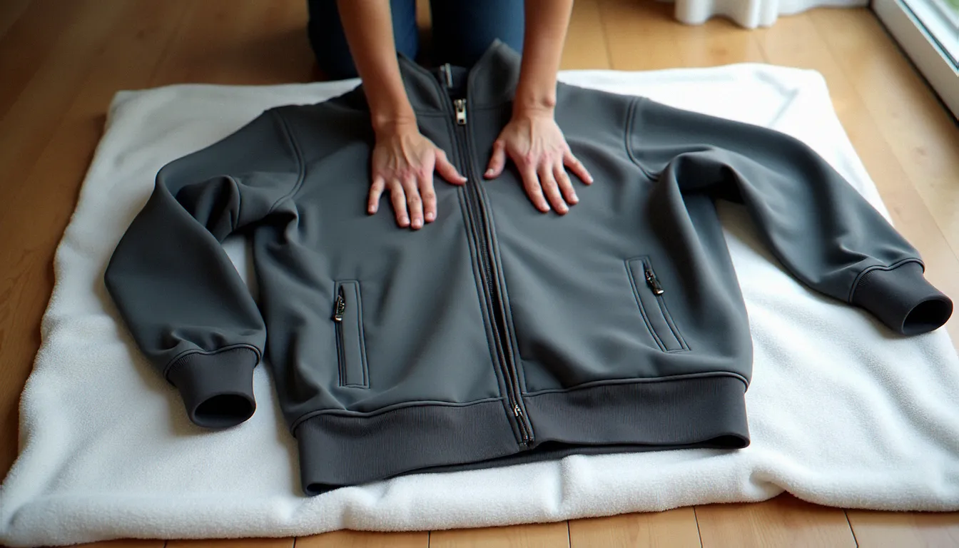 Survêtement gris anthracite étalé à plat sur une serviette blanche pour séchage après lavage en machine, méthode recommandée pour conserver la forme du vêtement