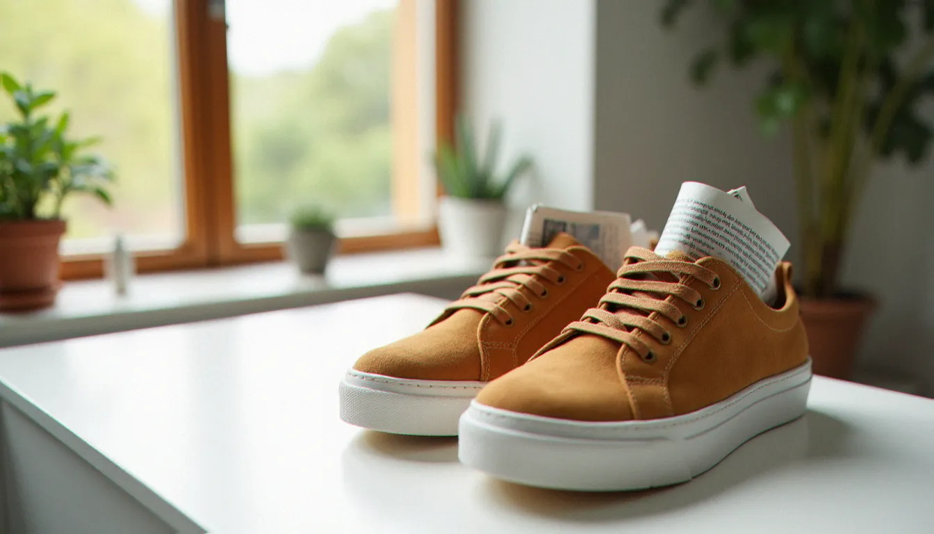 Baskets en daim caramel en train de sécher près d'une fenêtre ouverte, bourrées de papier journal pour conserver leur forme après nettoyage