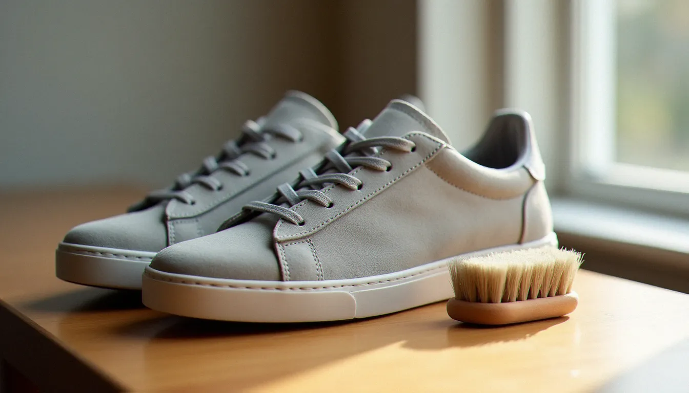 Baskets en daim gris clair posées sur une surface en bois avec une brosse à daim et une gomme, illustrant le nettoyage de baskets en daim