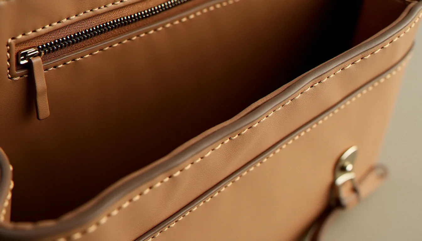 Gros plan sur les coutures intérieures d'un sac en cuir de luxe, détail des points réguliers et de la texture du cuir naturel