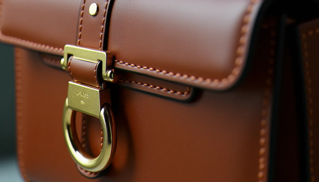 Détail de la quincaillerie dorée d'un sac de luxe, fermeture éclair et anneau métallique gravé en gros plan sur fond de cuir structuré