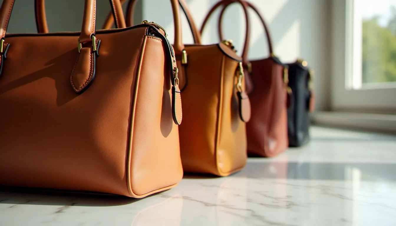 Trois sacs à main de luxe posés sur une surface en marbre, vue rapprochée des coutures et de la quincaillerie pour reconnaître un faux sac de luxe