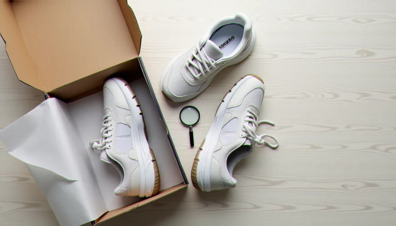 Boîte de sneakers ouverte avec étiquette latérale visible et loupe pour vérifier l'authenticité