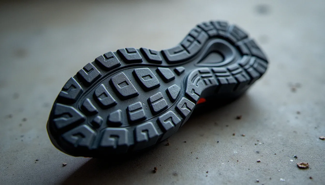 Semelle extérieure d'une sneaker de running en gros plan révélant les sculptures de gomme authentiques