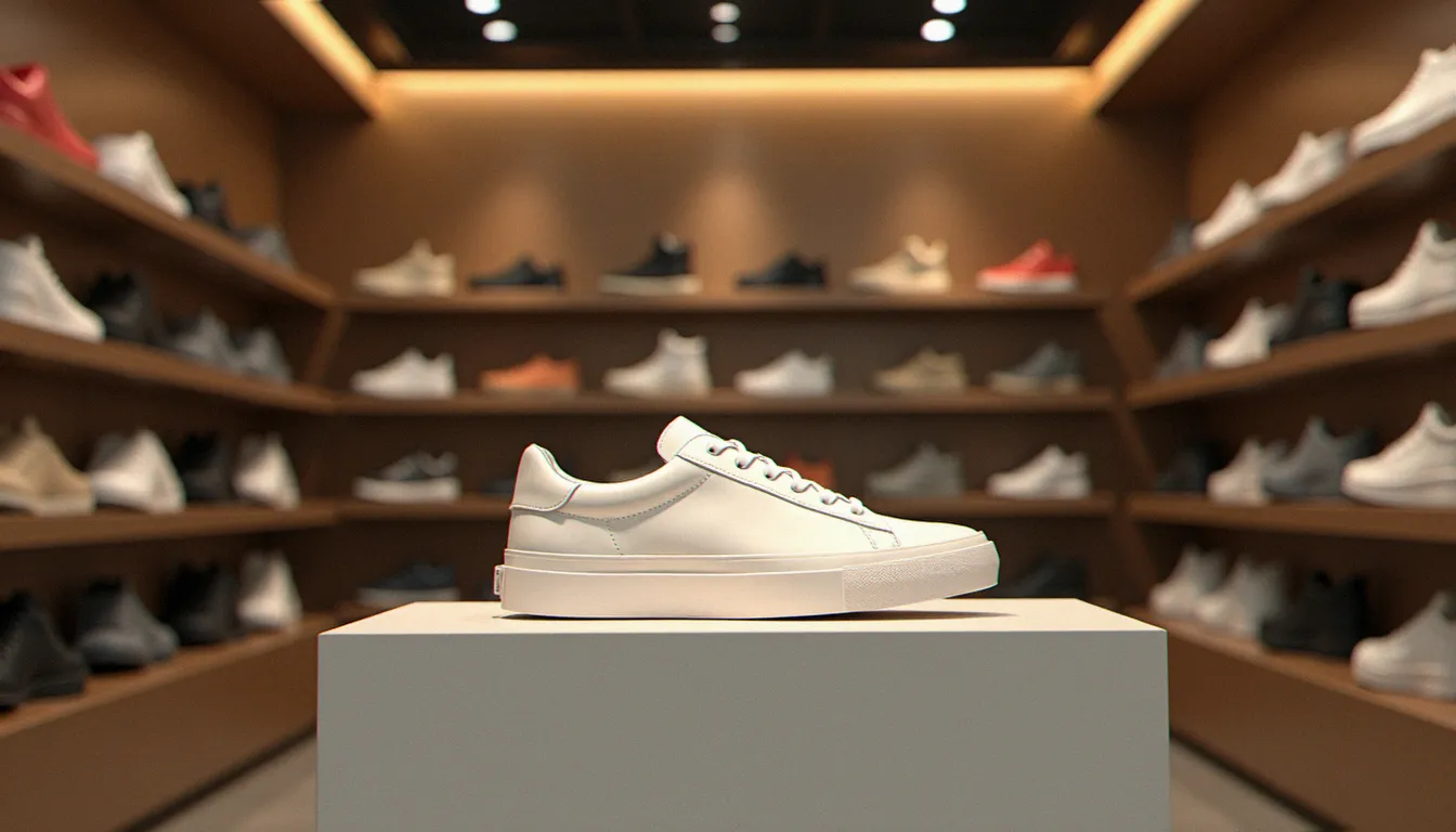 Rayon de baskets lifestyle dans une boutique contemporaine, paire de sneakers en cuir blanc posée sur un présentoir épuré, ambiance lumineuse chaleureuse