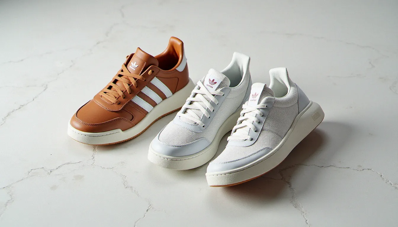 Comparaison entre une sneaker Adidas Originals en cuir et une chaussure Adidas Performance running posées côte à côte sur béton blanc, illustrant la différence Adidas Originals et Performance