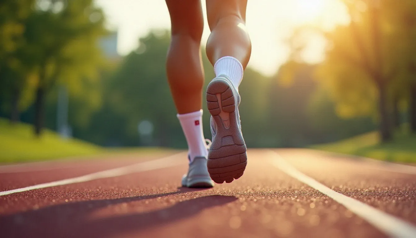 Vue de derrière des pieds d'un coureur sur une piste, permettant d'analyser la foulée et la pronation