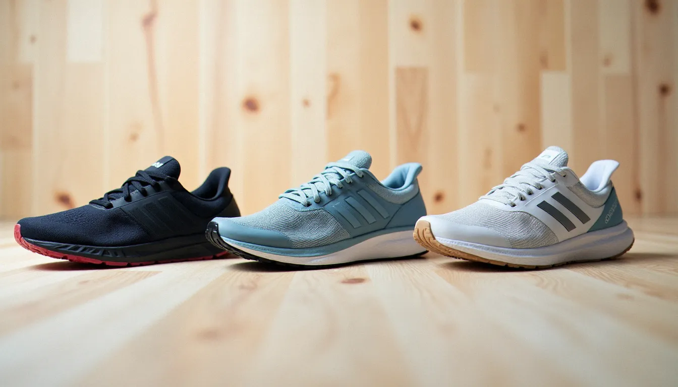 Trois paires de chaussures running alignées représentant différentes gammes pour débutants, posées sur un sol en bois clair