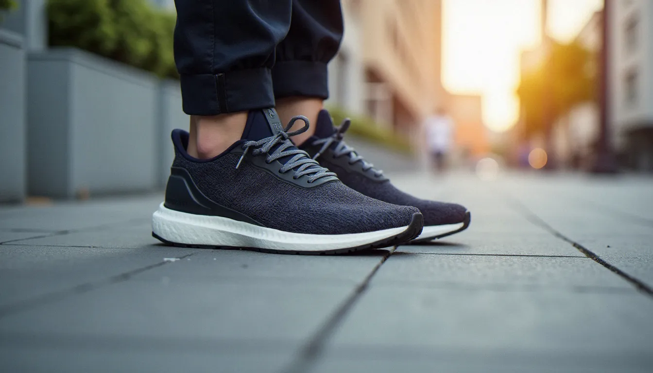 Paire de chaussures de running posée sur un trottoir urbain, vue en angle — illustration d'un guide d'achat running débutant