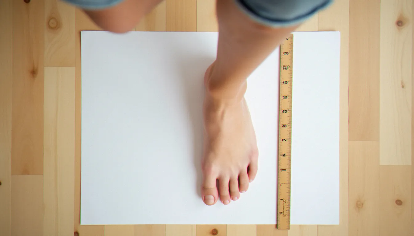 Mesure de la longueur d'un pied à plat sur une feuille blanche avec une règle pour déterminer la pointure exacte