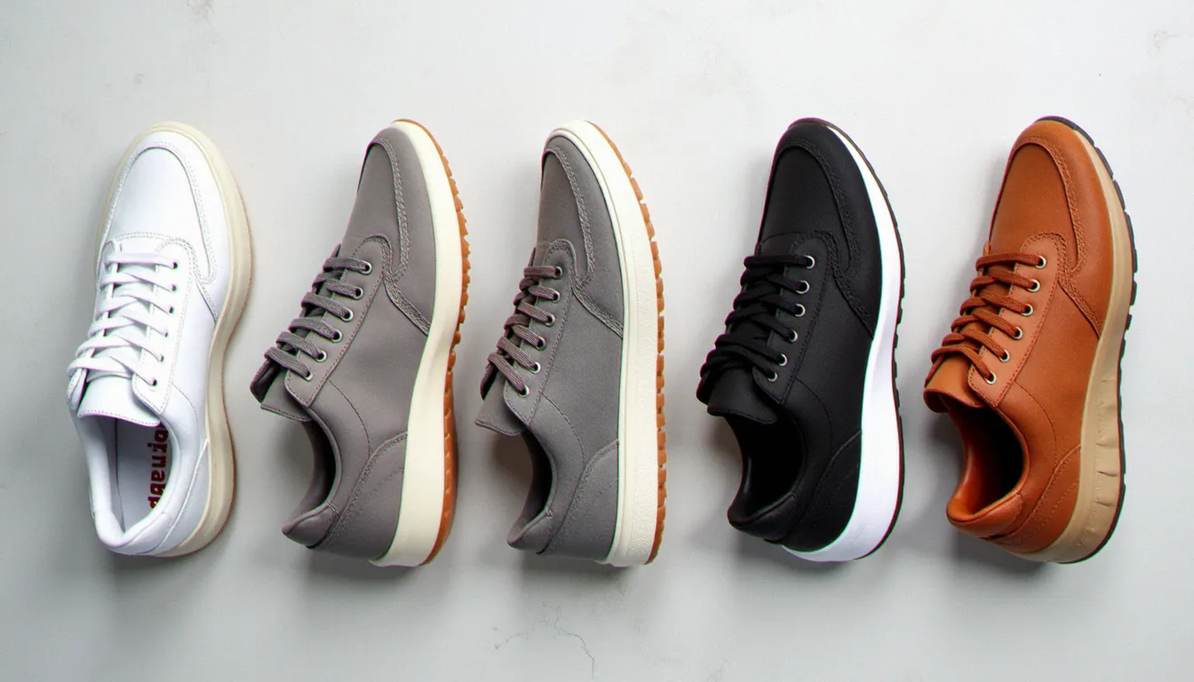 Comparaison de plusieurs paires de sneakers posées à plat illustrant le guide des tailles sneakers homme femme