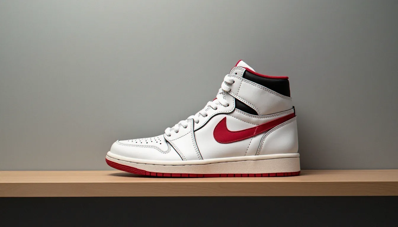 Sneaker rétro haute en cuir blanc et rouge posée sur une étagère en bois dans un intérieur minimaliste