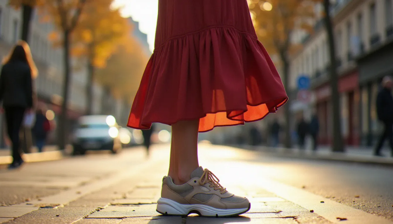 Femme portant des sneakers rétro chunky avec une jupe midi dans une rue parisienne en lumière d'automne