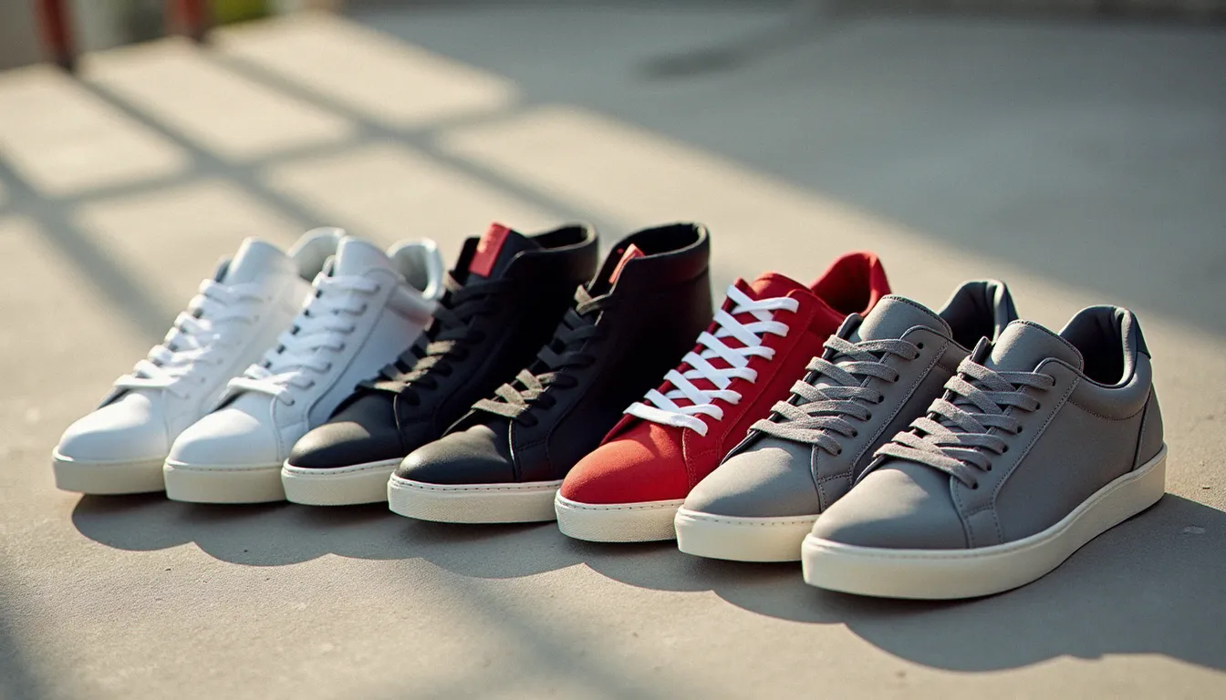Collection des meilleures sneakers rétro à avoir posées sur du béton clair, vue de dessus en lumière naturelle