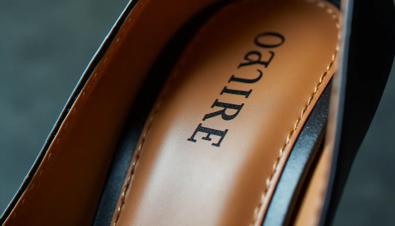 Intérieur d'un escarpin de luxe révélant le marquage intérieur et la doublure en cuir, éléments clés pour authentifier une chaussure Louboutin