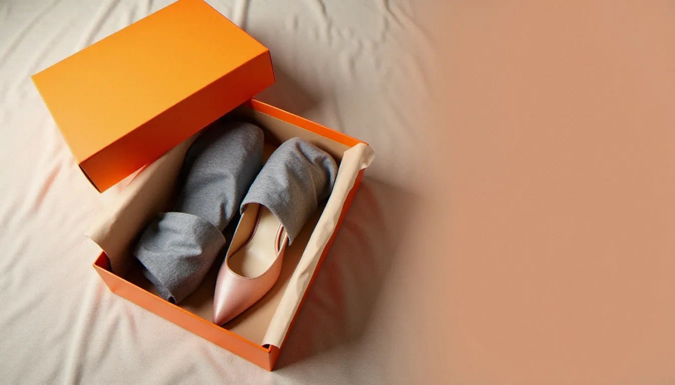 Boîte orange de chaussures de luxe ouverte avec deux escarpins enveloppés dans leurs sachons en flanelle, accessoires typiques d'un achat Louboutin authentique
