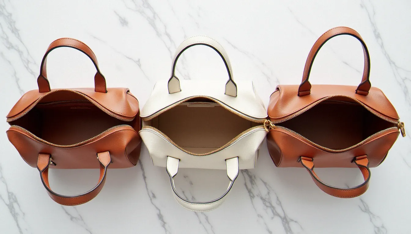 Comparaison des finitions intérieures et des tranches de trois sacs à main femme représentant différentes qualités de cuir, vue de dessus sur fond marbre blanc