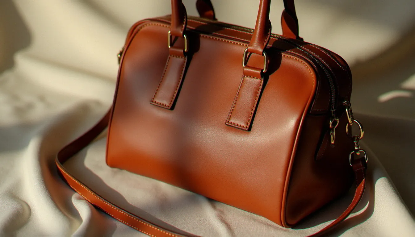 Sac à main femme en cuir véritable posé sur une surface en lin, lumière naturelle mettant en valeur le grain et les coutures — guide pour reconnaître le cuir véritable