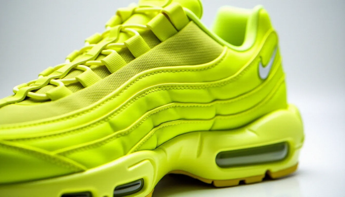 Détail en macro des panneaux cousus d'une Air Max 95 neon jaune, mettant en évidence la qualité des coutures et la superposition des matières