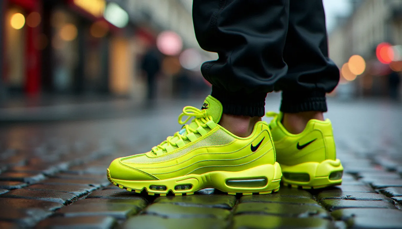 Air Max 95 neon portées avec un jogger noir sur pavés parisiens sous la pluie, look streetwear monochrome dans un contexte urbain authentique
