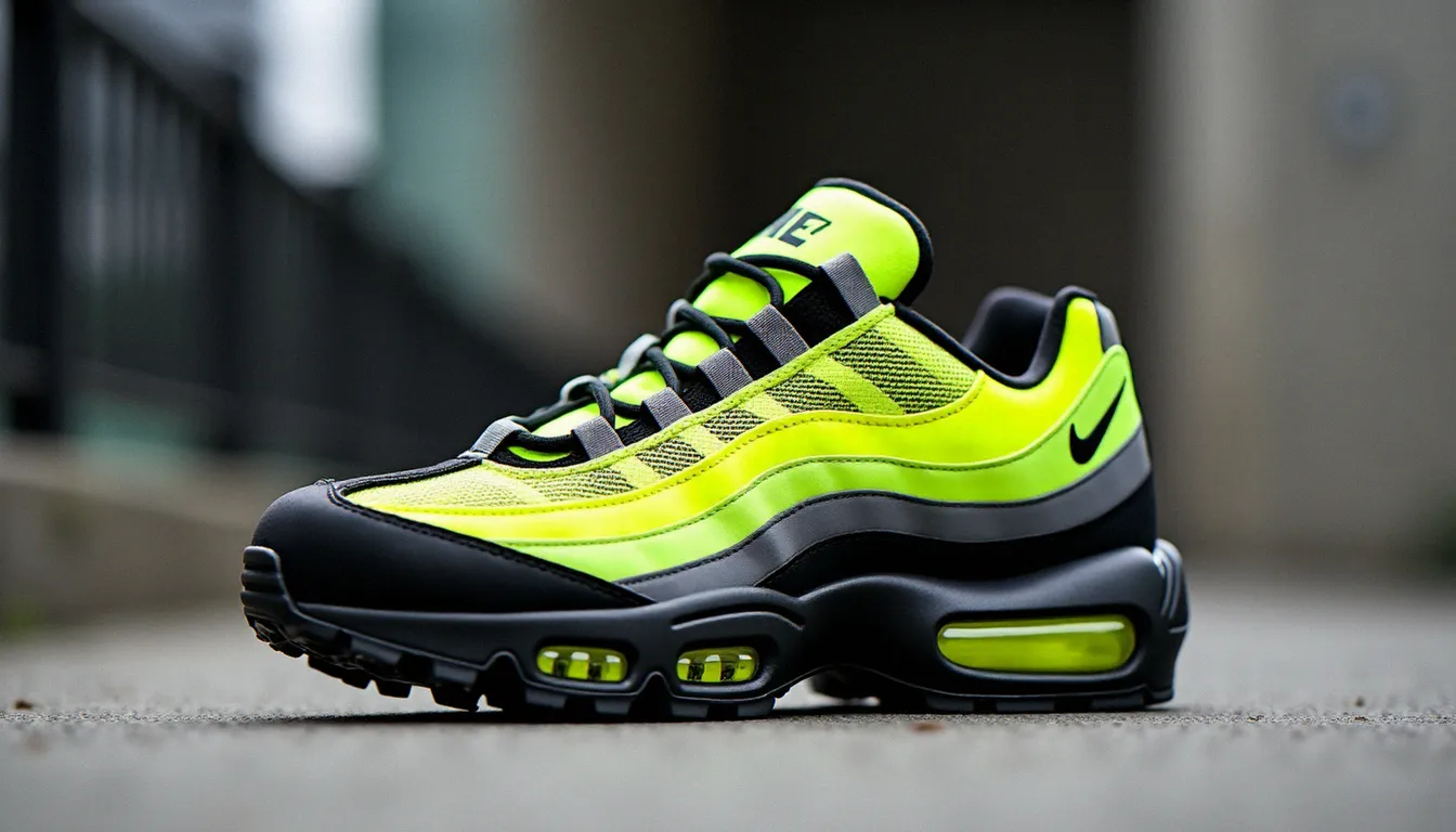 Air max 95 neon colorway jaune fluo et gris posée sur béton urbain, vue de profil mettant en valeur les panneaux superposés et l'unité Air visible