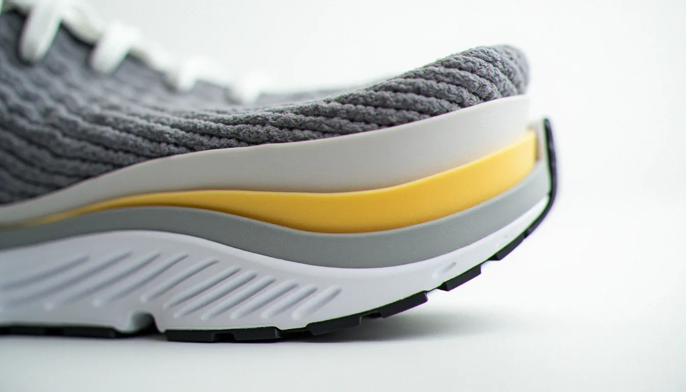 Coupe transversale de semelle de sneaker running montrant les inserts de gel silicone et la mousse multicouche du Asics Gel Kinsei 5