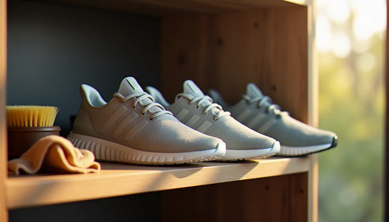 Paire de sneakers running premium posée sur une étagère en bois avec brosse et chiffon microfibre pour l'entretien, ambiance lifestyle naturelle