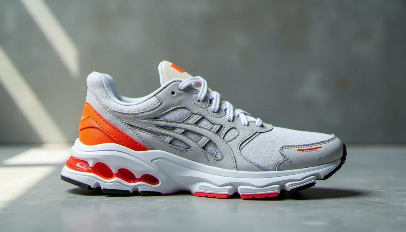Sneaker de running premium Asics Gel Kinsei 5 posée sur du béton, vue de profil mettant en valeur la fenêtre de gel et la semelle épaisse