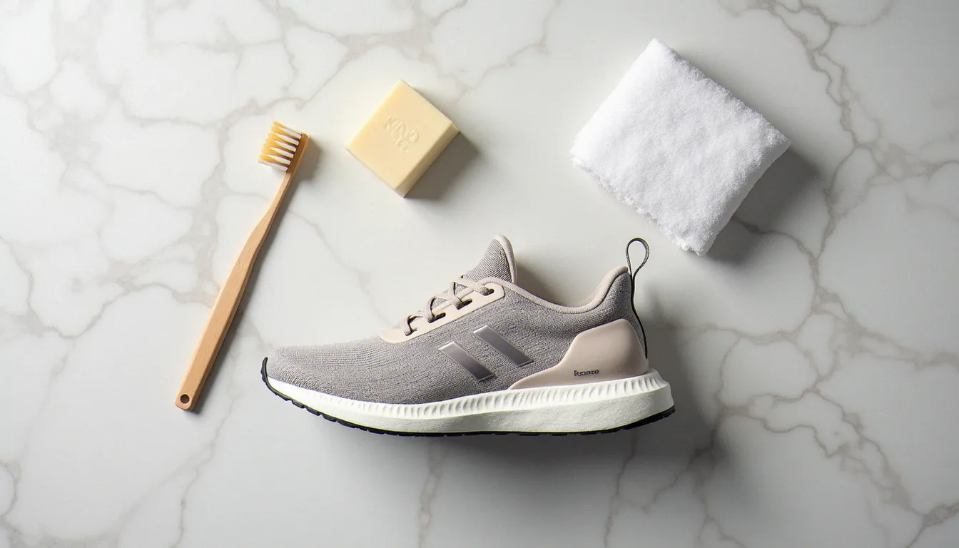 Matériel d'entretien pour running premium disposé à plat — brosse douce, savon naturel, chiffon blanc et chaussure de running en mesh, guide entretien Asics Gel Kinsei 6 M
