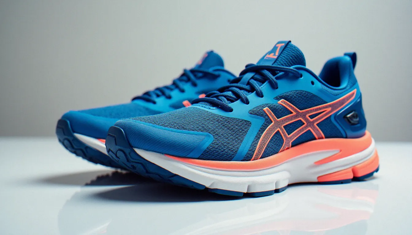 Paire de running premium Asics Gel Kinsei 6 M en coloris bleu électrique et orange, avec poches de gel visibles au talon et à l'avant-pied, posée sur fond blanc