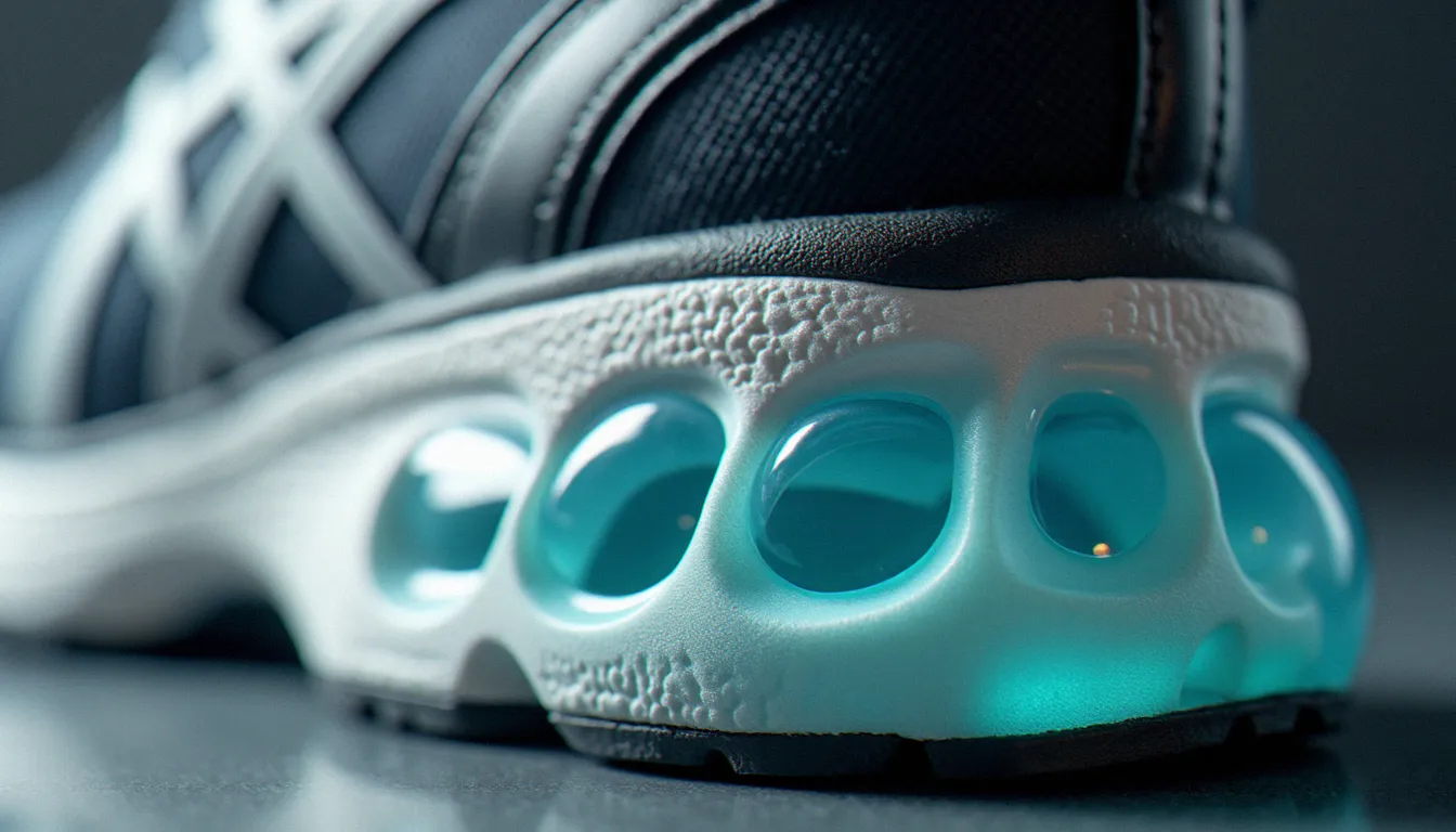 Gros plan sur la capsule Gel arrière-pied de l'Asics Kinsei 5, détail de la semelle intermédiaire en cours d'inspection