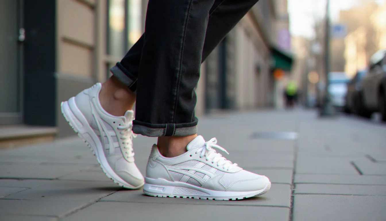 Asics Kinsei 5 portées avec un jean droit cropped et un sweat blanc oversize, look streetwear urbain au quotidien