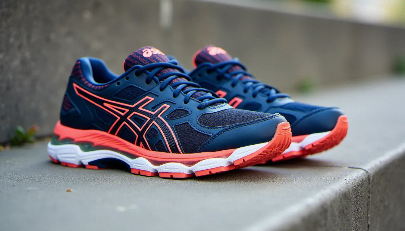Paire d'Asics Kinsei 5 posée sur béton, vue de profil montrant la semelle volumineuse et les renforts TPU caractéristiques du modèle