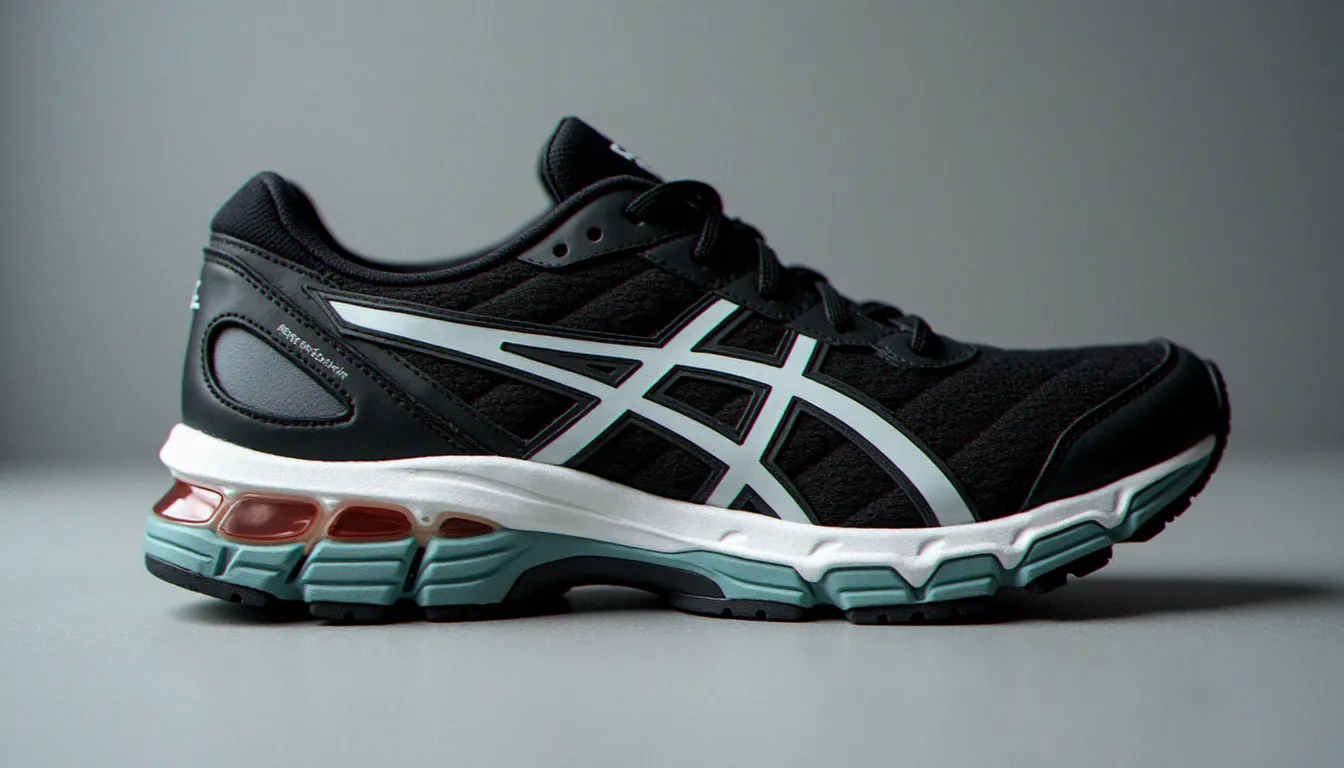 Vue rapprochée de la semelle intermédiaire d'une chaussure de running homme avec unités gel doubles bien visibles, fond gris studio