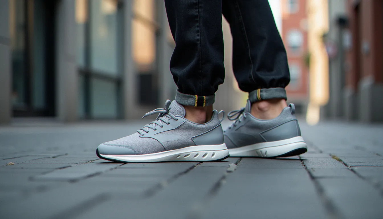 Look athleisure urbain masculin avec sneaker running volumineuse, jean droit et sweat gris, prise de vue en extérieur sur trottoir parisien