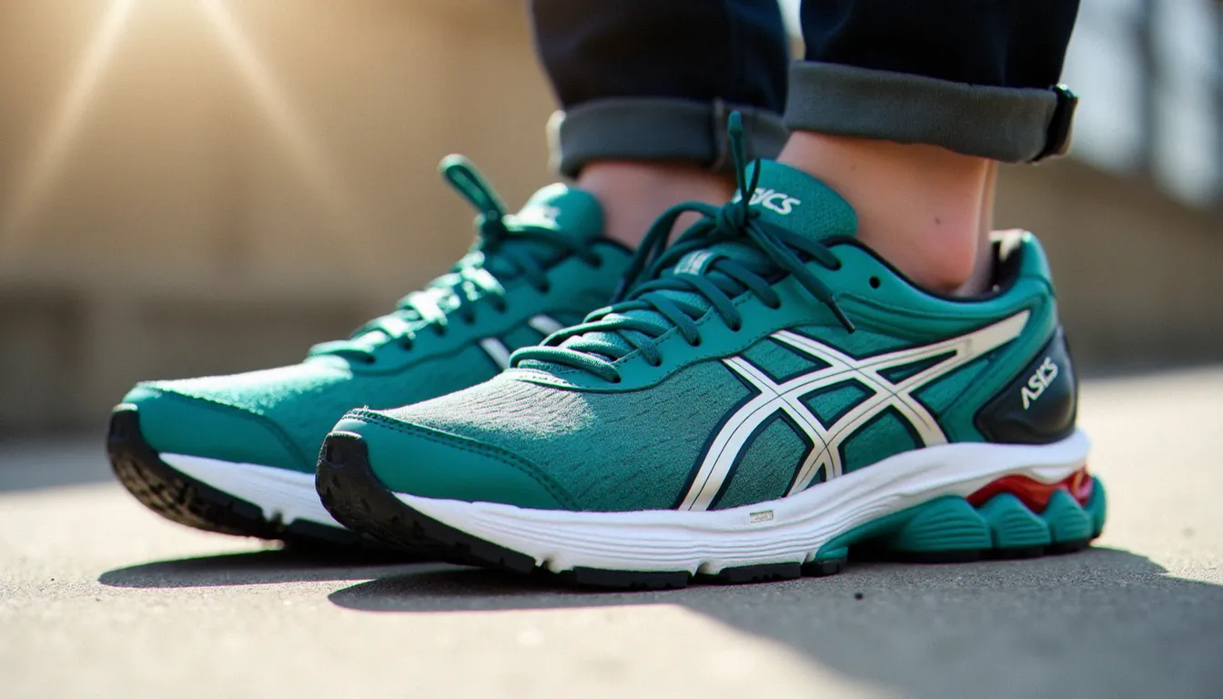 Paire d'Asics Kinsei 6 homme posée sur du béton, coloris teal et blanc, semelle épaisse à technologie gel bien visible, éclairage naturel