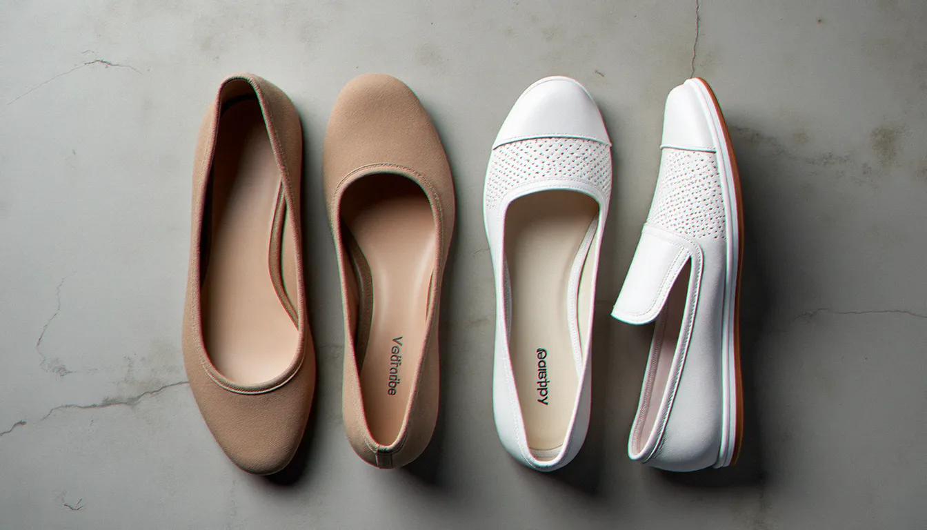 Deux modèles de ballerines Adidas femme côte à côte sur béton gris — version daim taupe et version cuir perforé blanc