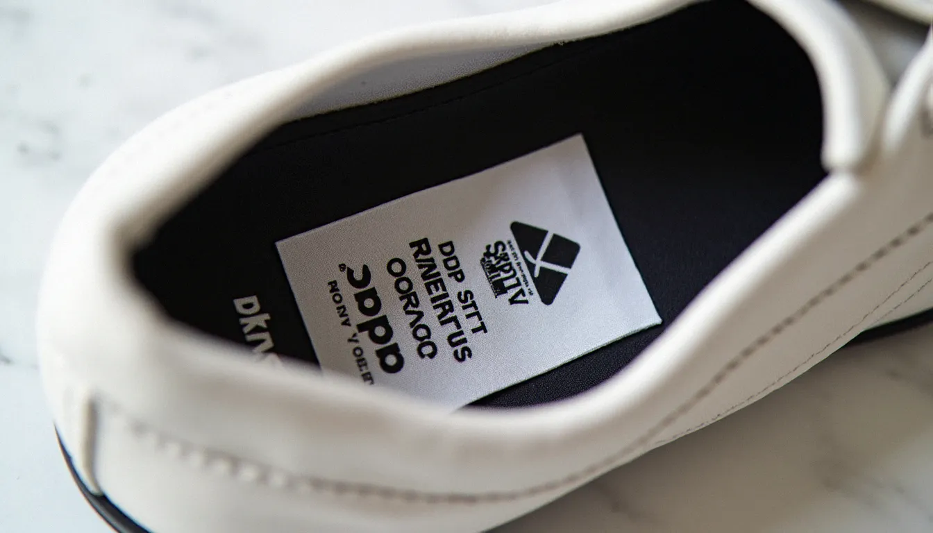 Détail de la semelle et de l'étiquette intérieure d'une ballerine Adidas femme pour vérifier l'authenticité, sur marbre blanc
