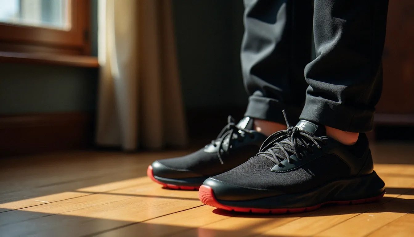 Basket homme de luxe à semelle rouge portée avec un pantalon slim anthracite dans un contexte de tenue smart casual