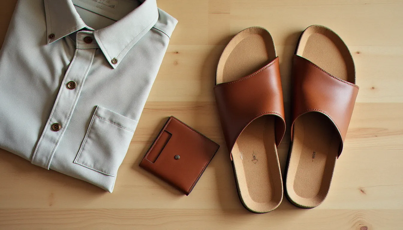 Sandales Birkenstock Arizona homme en cuir naturel posées en flat lay avec une chemise en lin et un portefeuille, ambiance mode éditoriale