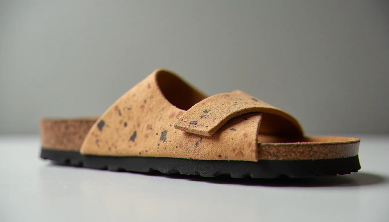 Vue en détail du profil d'une semelle en liège de sandale Birkenstock Arizona, montrant les couches de liège naturel et de caoutchouc