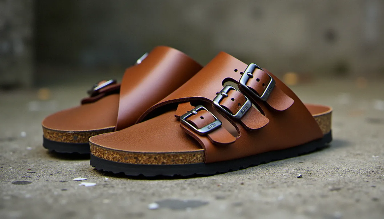 Paire de sandales Birkenstock Arizona homme en cuir cognac avec semelle en liège, posée sur une surface en béton brut