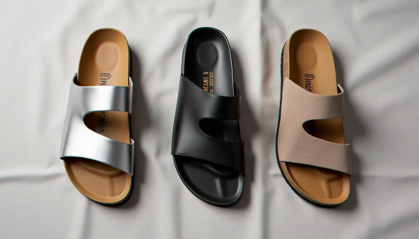 Trois variantes de la Birkenstock Madrid femme côte à côte — cuir métallisé argent, Birko-Flor noir et nubuck taupe — sur fond de lin gris clair