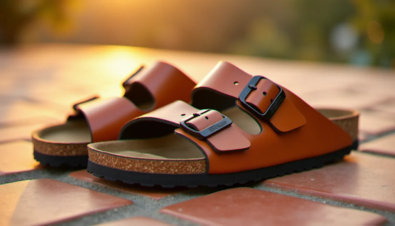 Paire de sandales Birkenstock Madrid femme en cuir naturel beige posée sur des dalles en pierre, illustrant le modèle iconique à bride unique