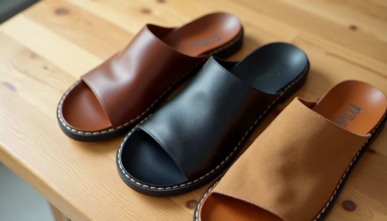 Comparaison de sangles de sandales homme en cuir gras, Birko-Flor synthétique et nubuck posées côte à côte sur bois clair